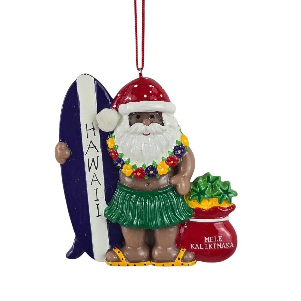 Vtg Christmas Ornament Surfing Santa Hawaii Mele Kalikimaka 3" MINT